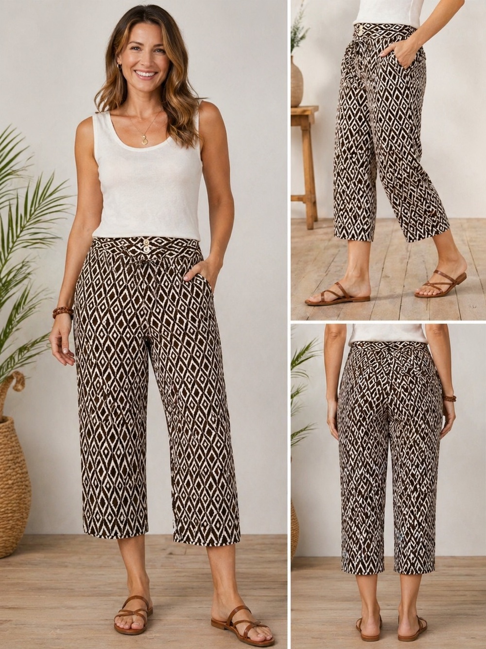 Kate Parks Women’s Linen Capri Pants Brown Cream Designer Buttons Size 10